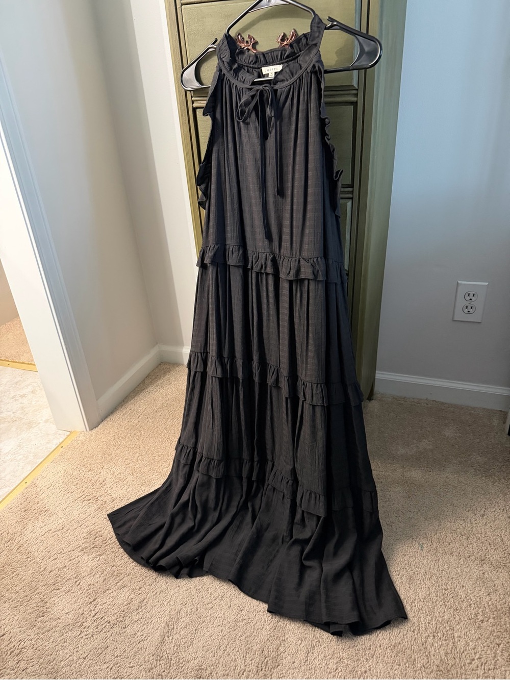 JODIFL Black Ruffle Tiered Maxi Dress with Tie Neck
